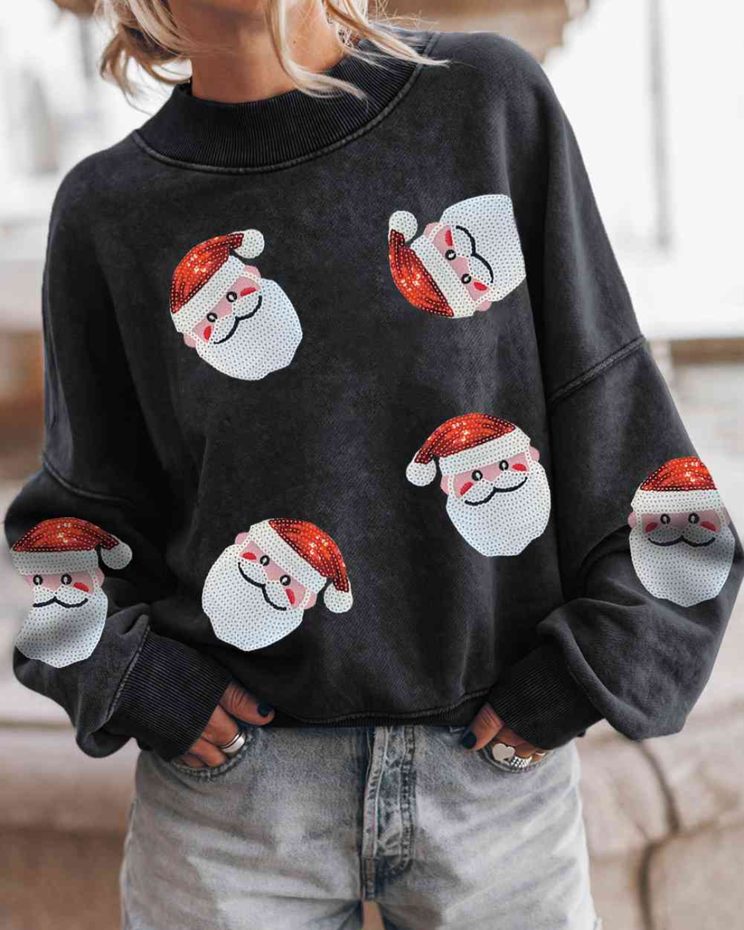 Sequin Santa Patch Round Neck Sweatshirt Black S 