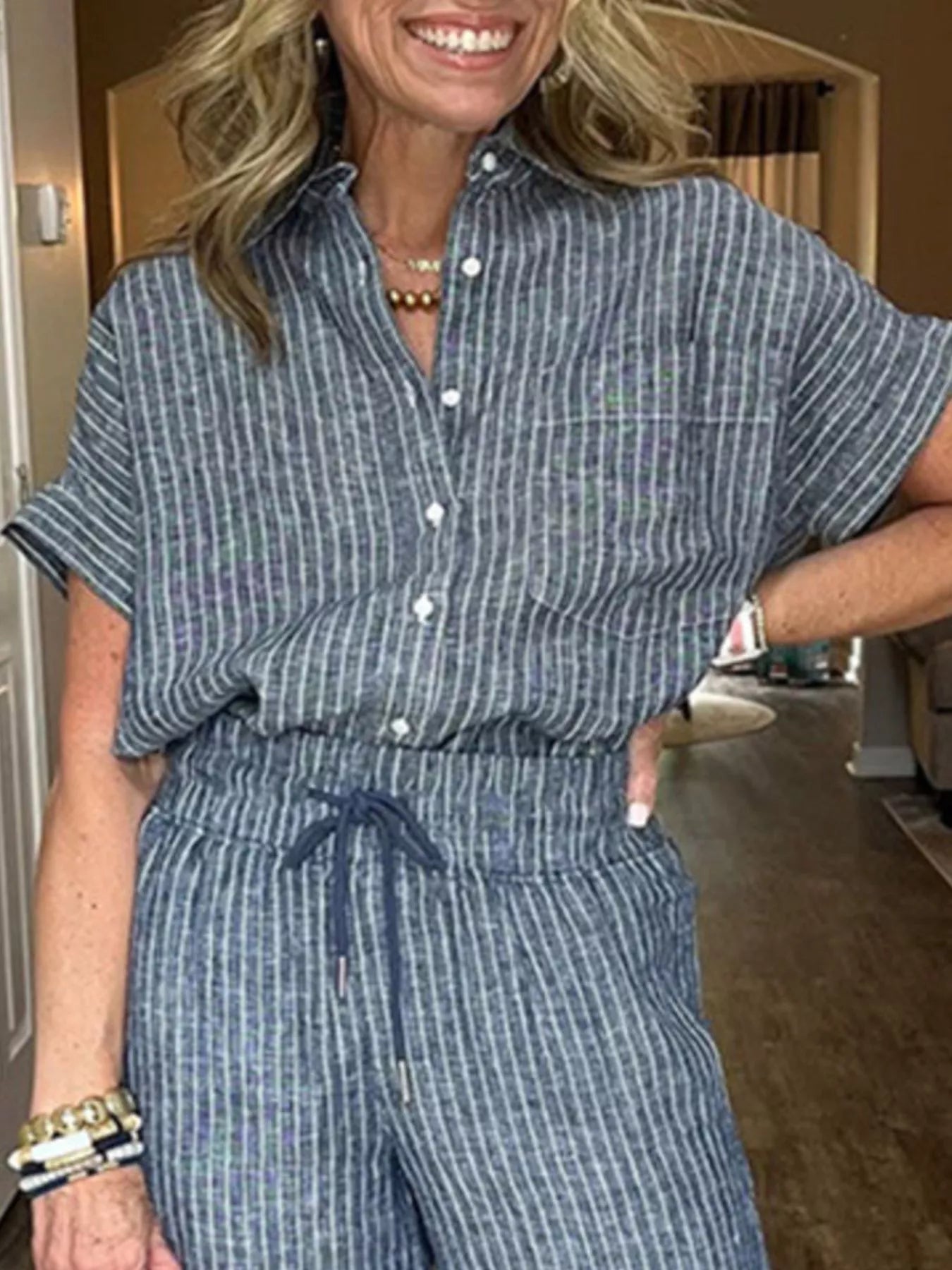 Striped Button-Up Shirt With Wide Leg Pants