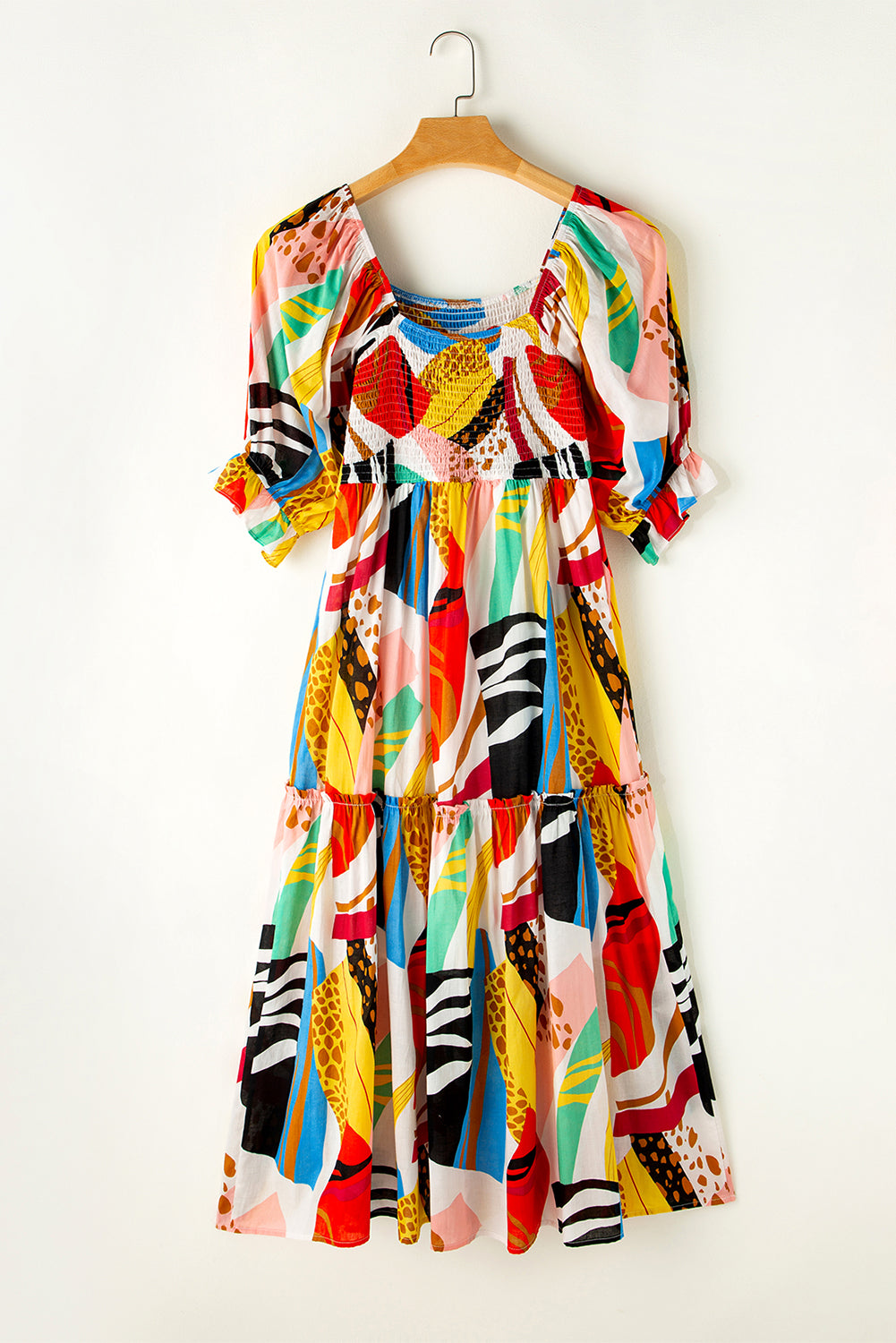 Smocked Abstract Printed Maxi Dress   