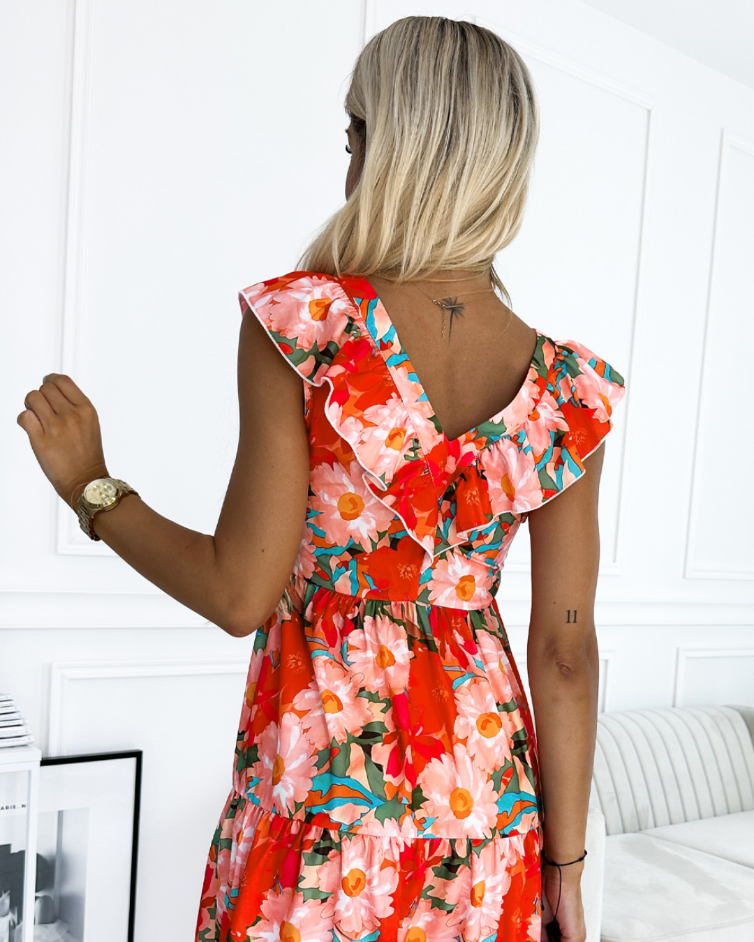 Ruffled V-Neck Mini Dress   