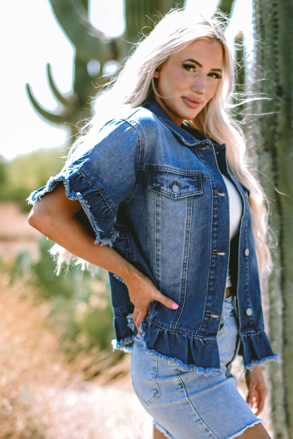 Raw Edge Ruffled Denim Jacket   