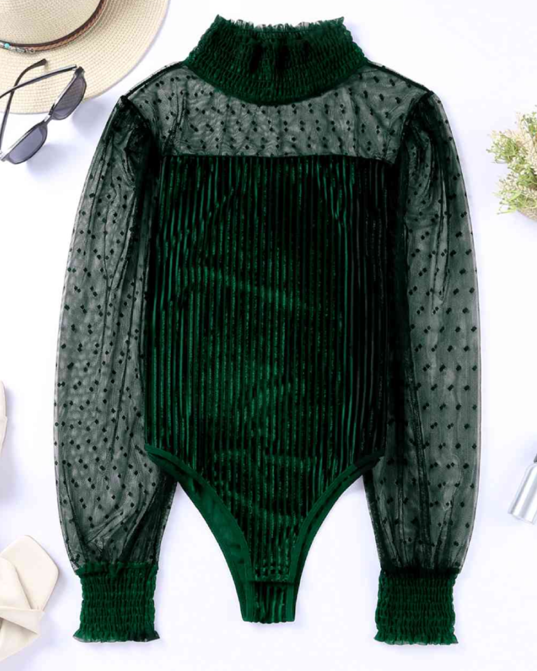 Mesh Long Sleeve Velvet Bodysuit   