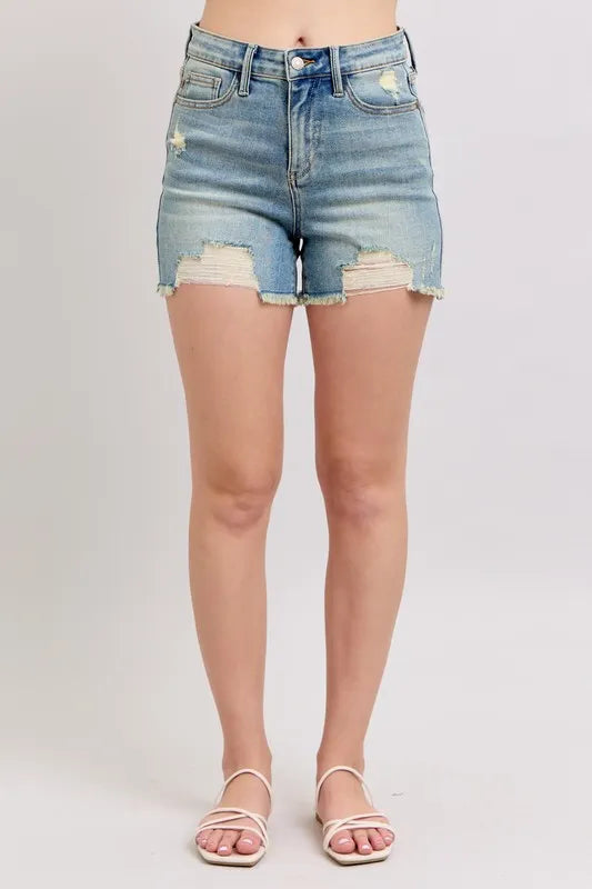 Judy Blue Fly Stitch Detail and Destroy Denim Shorts