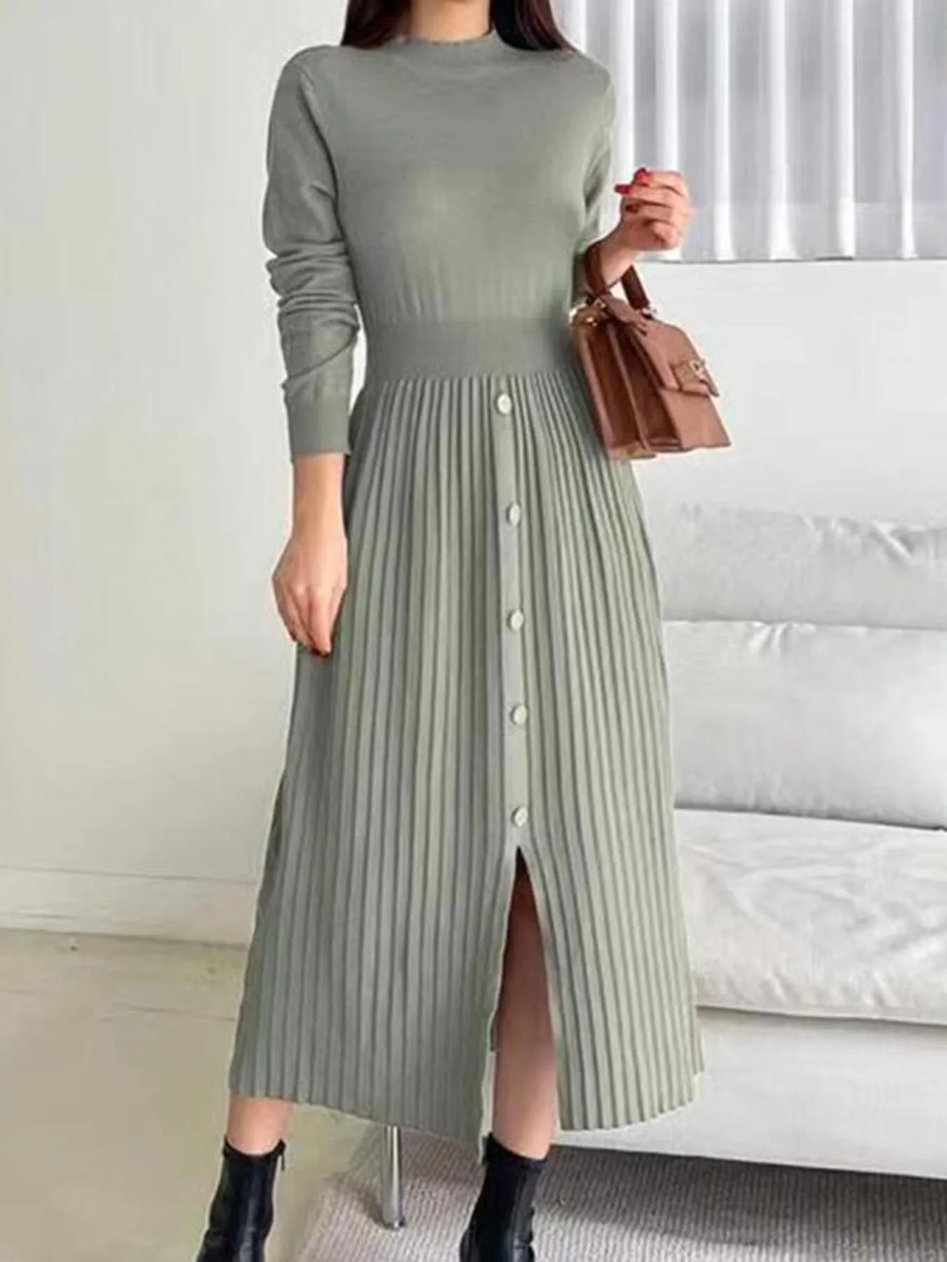 Slit Front Mock Neck Long Sleeve Knit Dress Green S