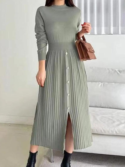 Slit Front Mock Neck Long Sleeve Knit Dress Green S