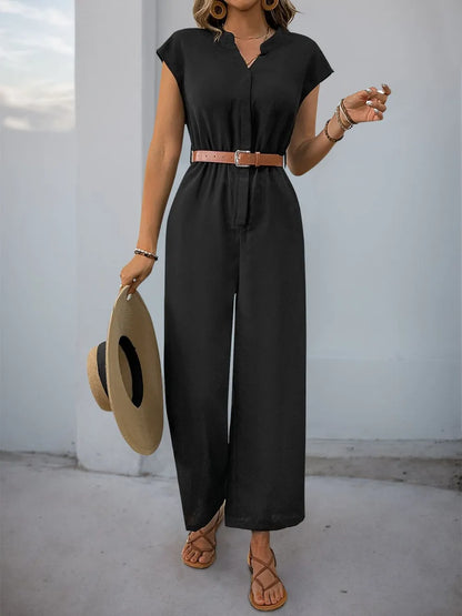 Perfee Notched Wide Leg Jumpsuit Black S