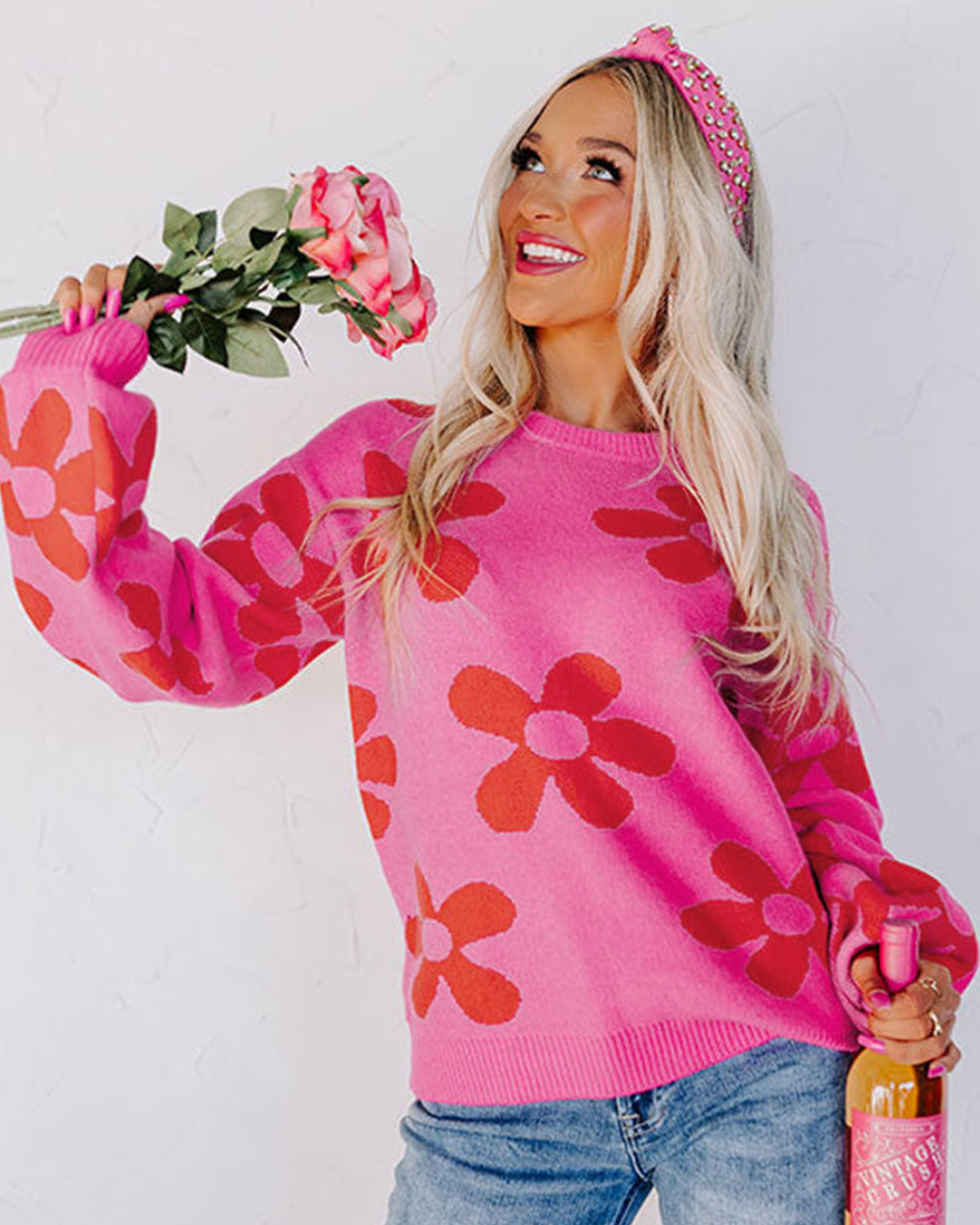 Flower Knit Ribbed Trim Sweater   