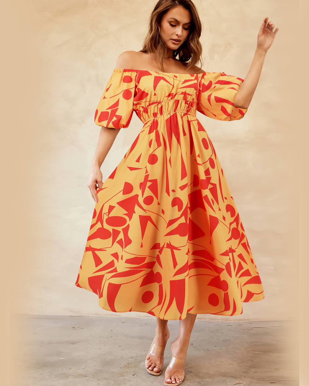 Printed Off-Shoulder Balloon Sleeve Dress   