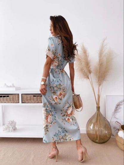 Printed Tie Waist Short Sleeve Midi Shirt Dress