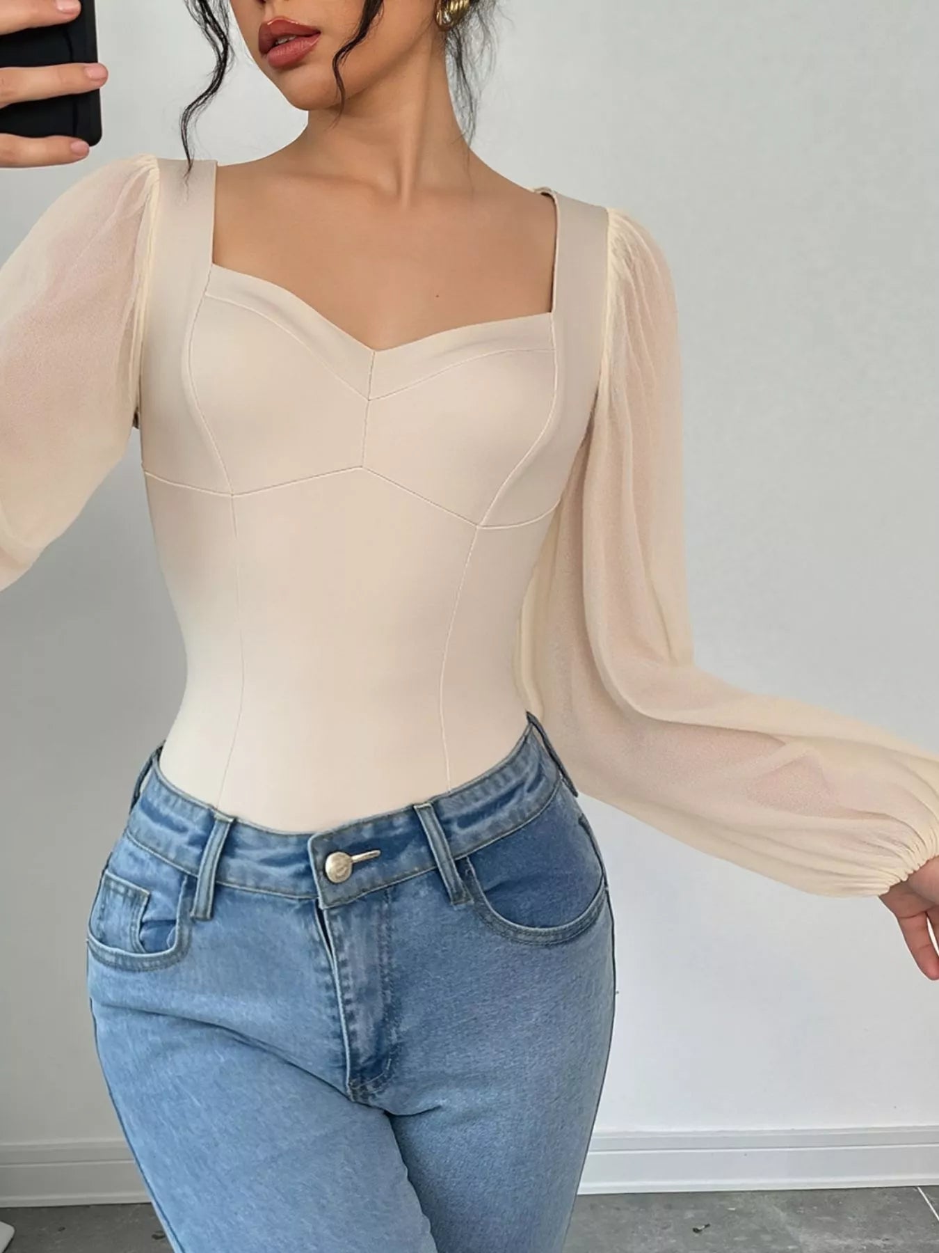 Sweetheart Neck Balloon Sleeve Bodysuit