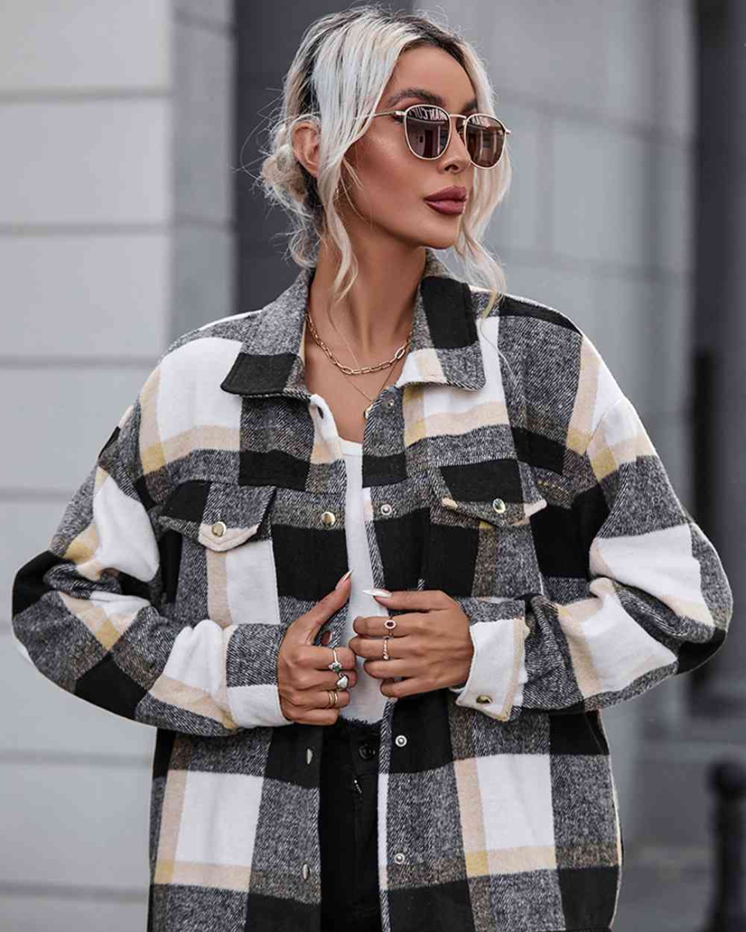 Plaid Collared Neck Snap Front Jacket Black S 