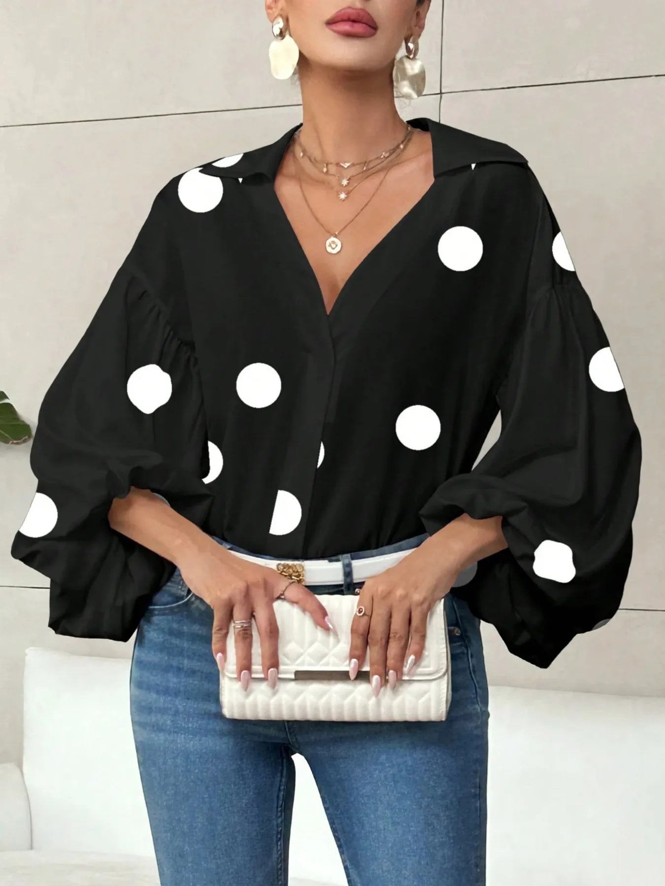 Polka Dot Balloon Sleeve Blouse Black Polka Dots S