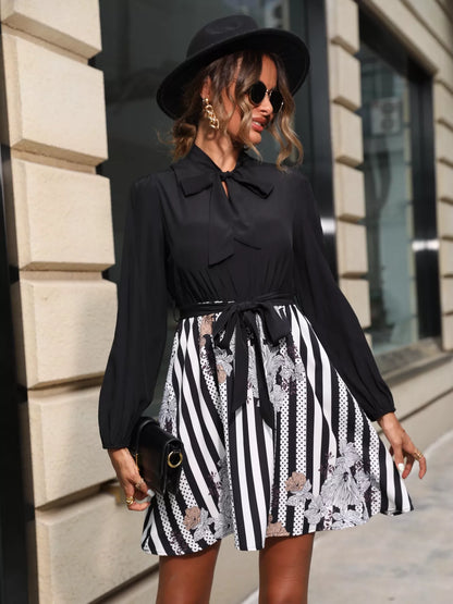 Striped Tie Front Long Sleeve Mini Dress Black S