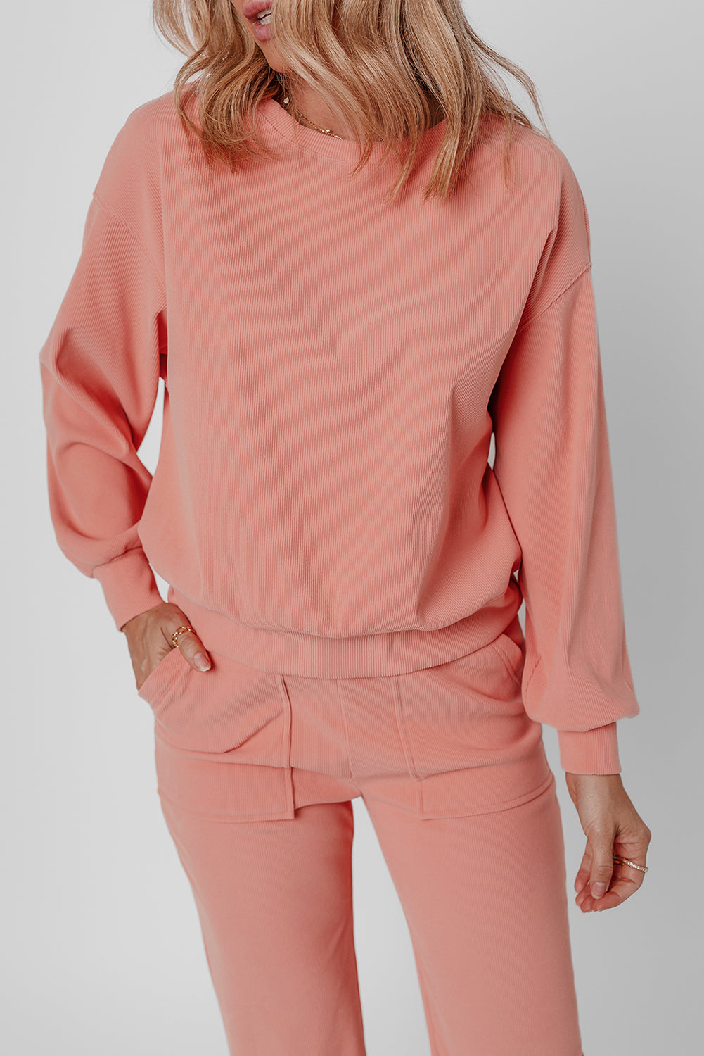 Blossom Ribbed Knit Drop Shoulder Pocketed Two Piece Lounge Set   