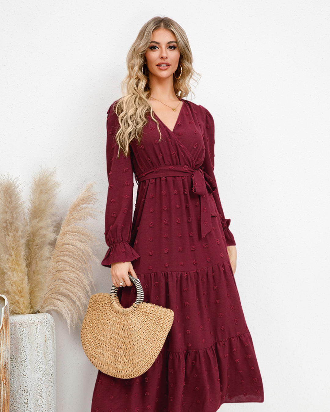 Swiss Dot Tied Surplice Dress Wine S 