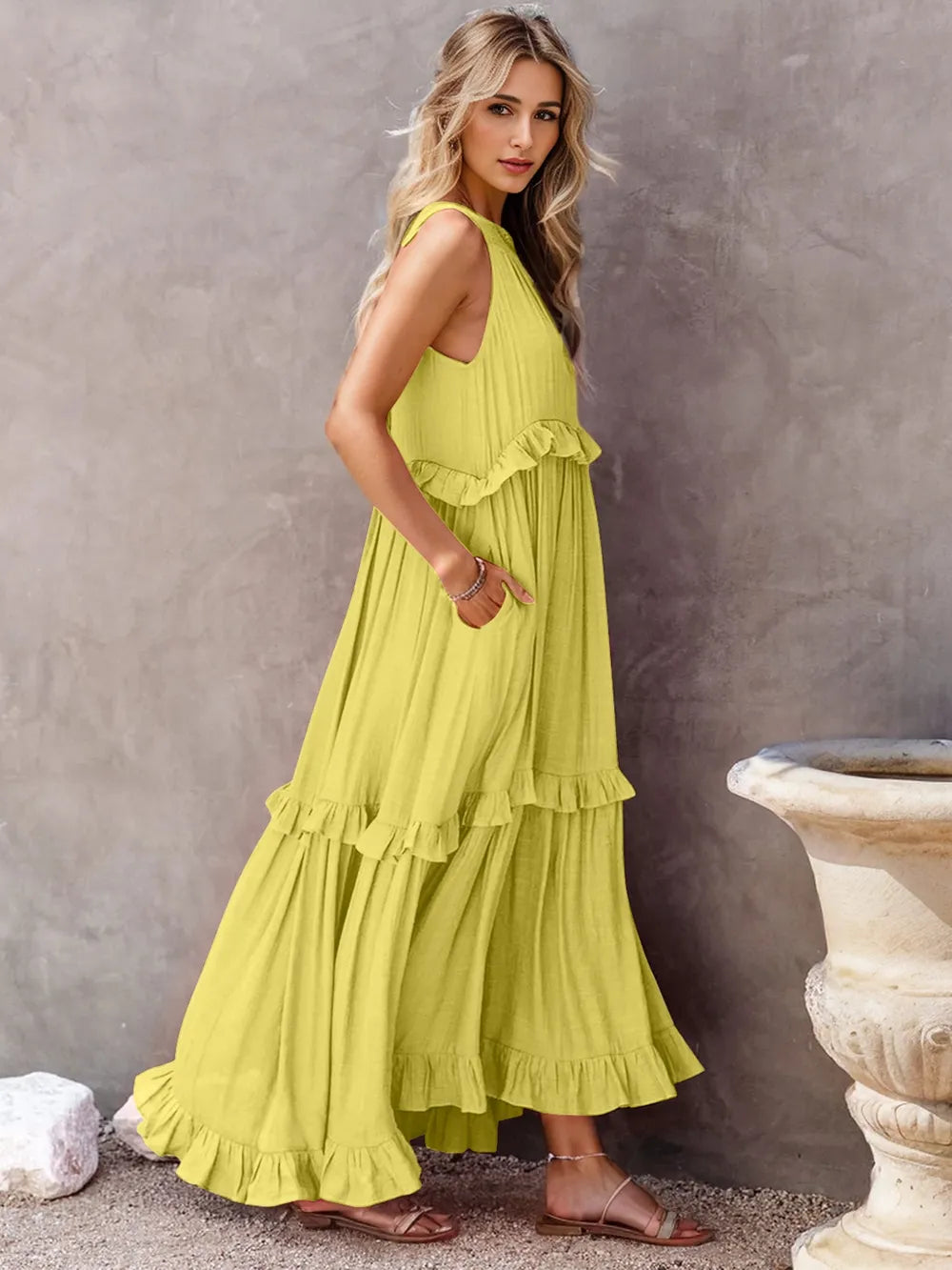 Ruffled Sleeveless Tiered Maxi Dress with Pockets Chartreuse S