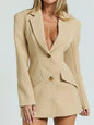 Lapel Collar Fitted Blazer Dress Khaki S