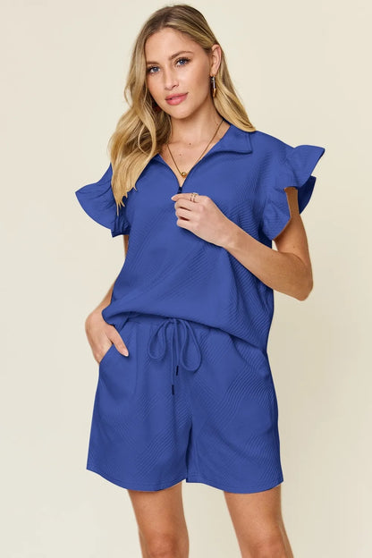 Texture Flounce Sleeve Top and Drawstring Shorts Royal Blue S