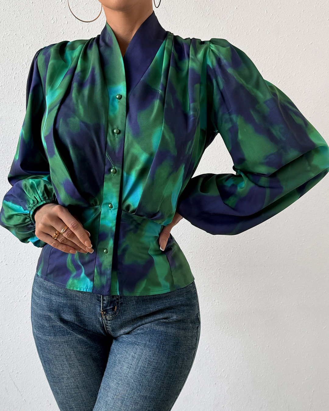 Tie-Dye Button Up Balloon Sleeve Blouse   