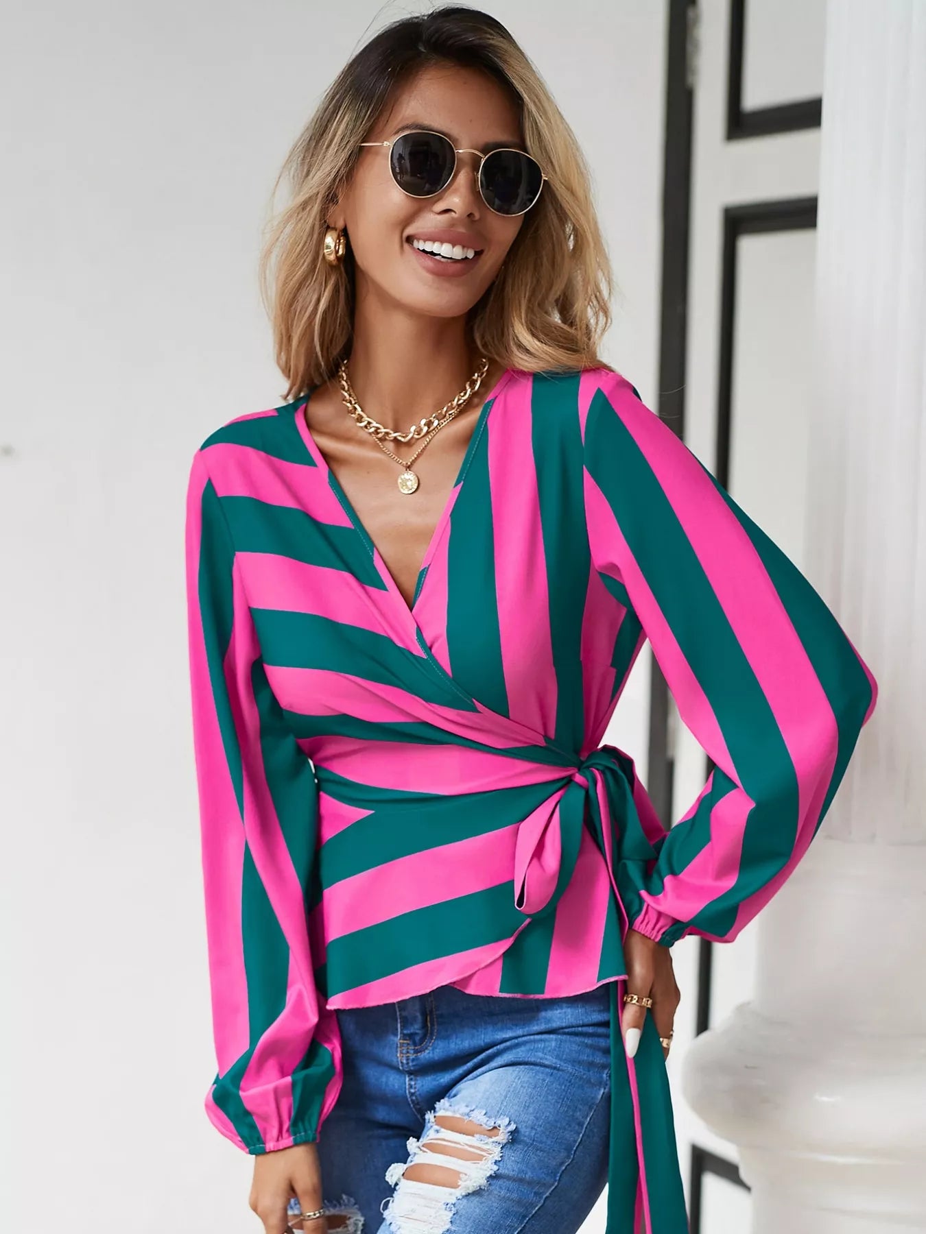 Striped Wrap Blouse with Tie Detail