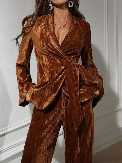 Velvet Tie Waist Blazer and Pants Set