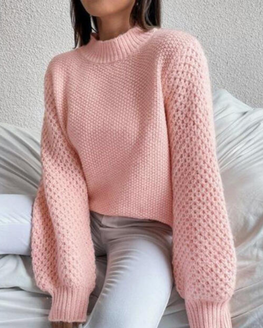 Openwork Mock Neck Long Sleeve Sweater   