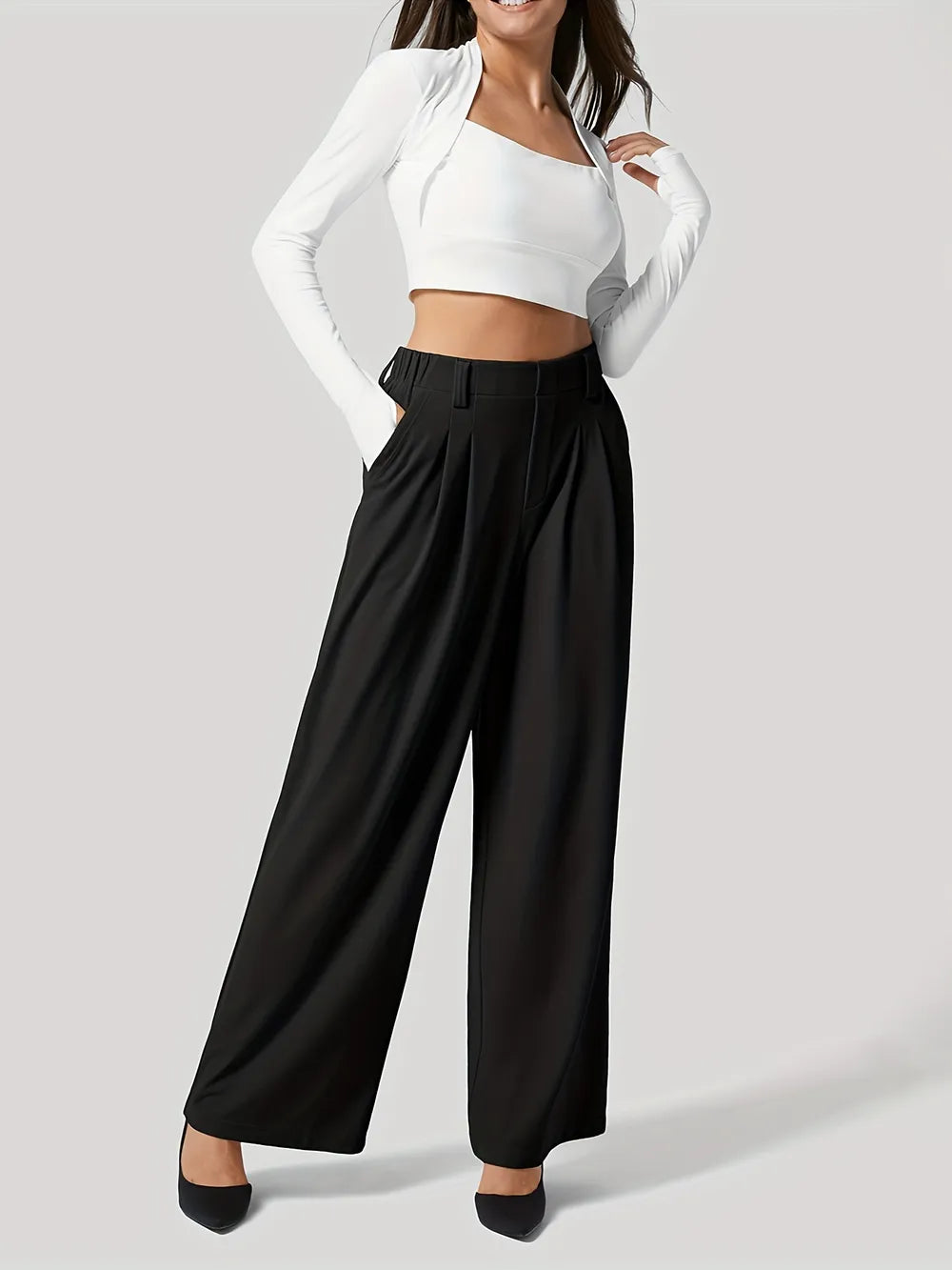 Wide Leg Pants with Pockets Black XS