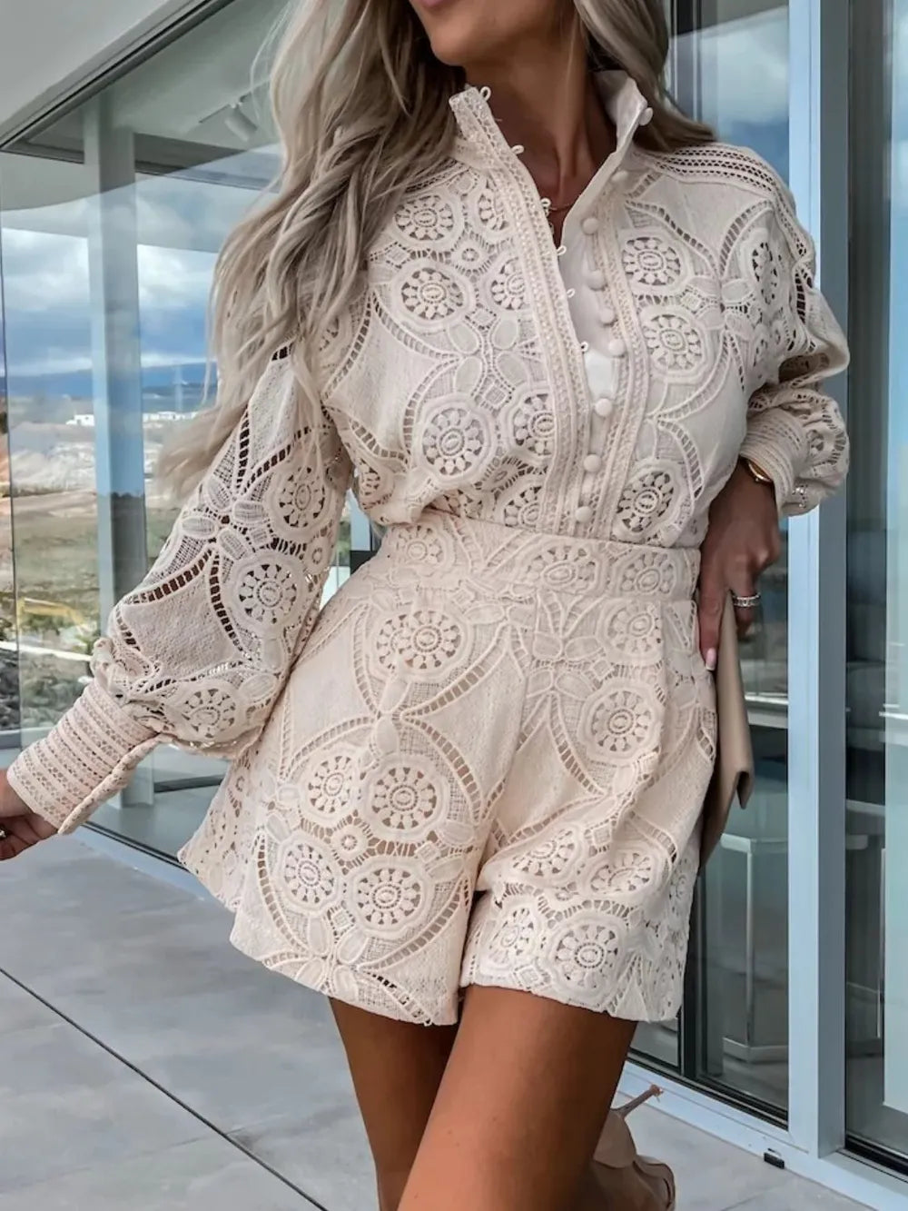 Lace Button Detail Long Sleeve Top and Shorts Set Eggshell L