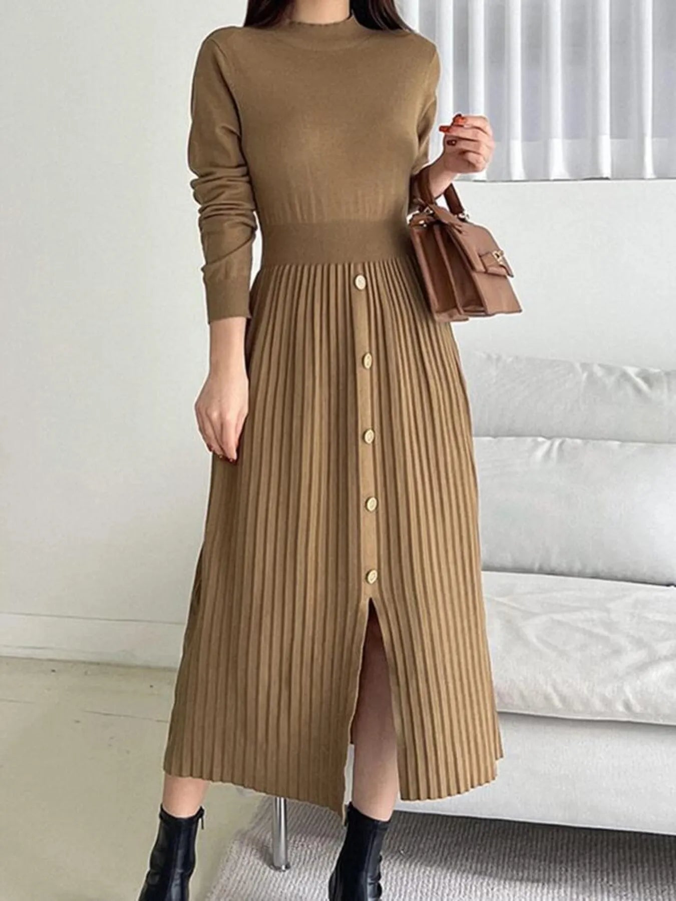 Slit Front Mock Neck Long Sleeve Knit Dress Brown S