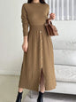 Slit Front Mock Neck Long Sleeve Knit Dress Brown S