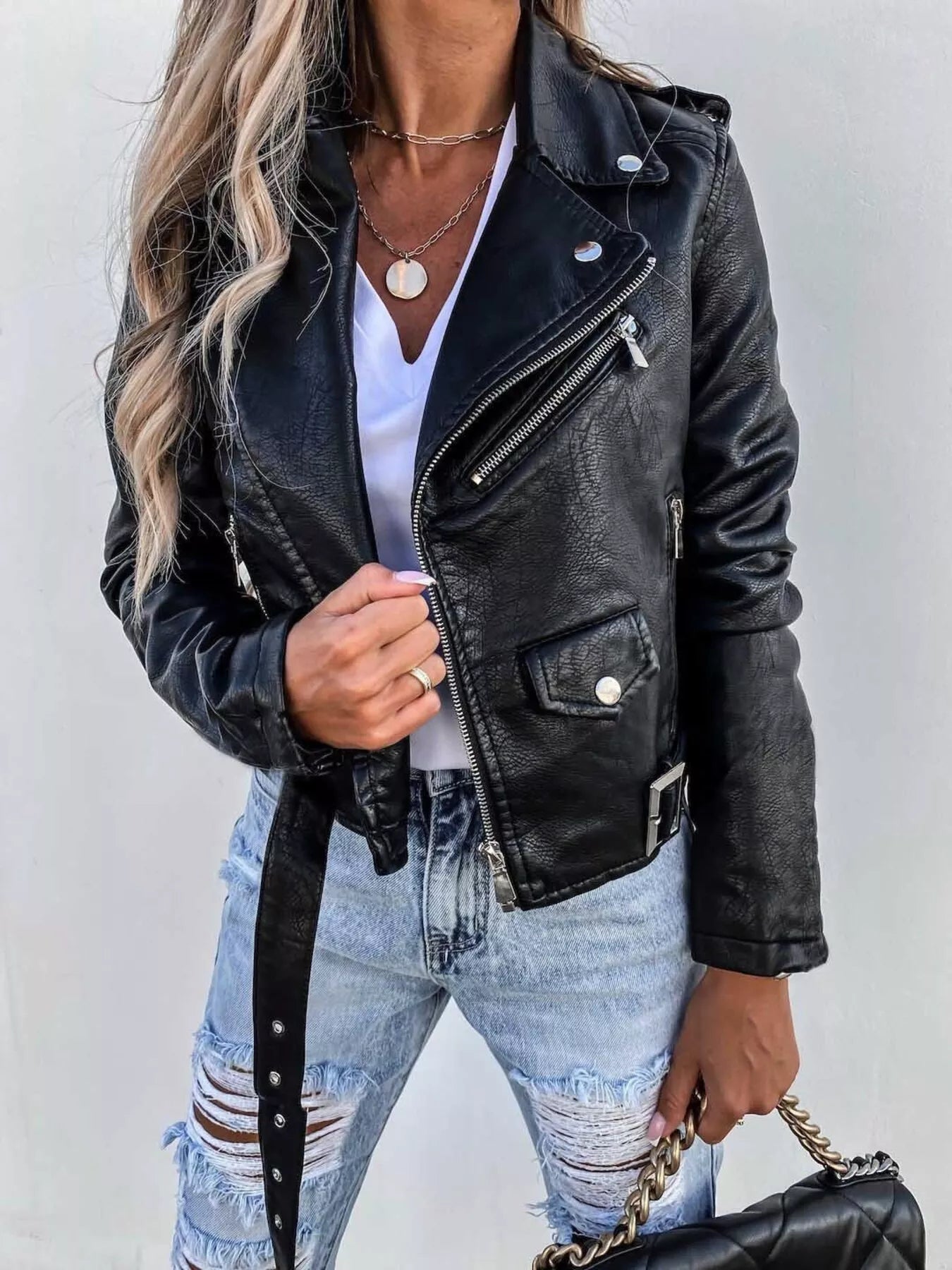 Full Size Zip Up Leather Jacket