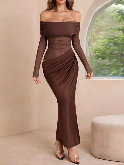 Off-Shoulder Long Sleeve Ruched Bodycon Maxi Dress Dark Brown S
