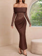 Off-Shoulder Long Sleeve Ruched Bodycon Maxi Dress Dark Brown S