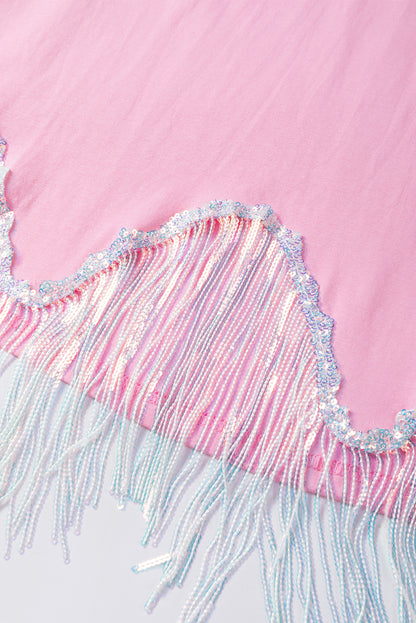 Pink Fringed Sequin Crop T-shirt   