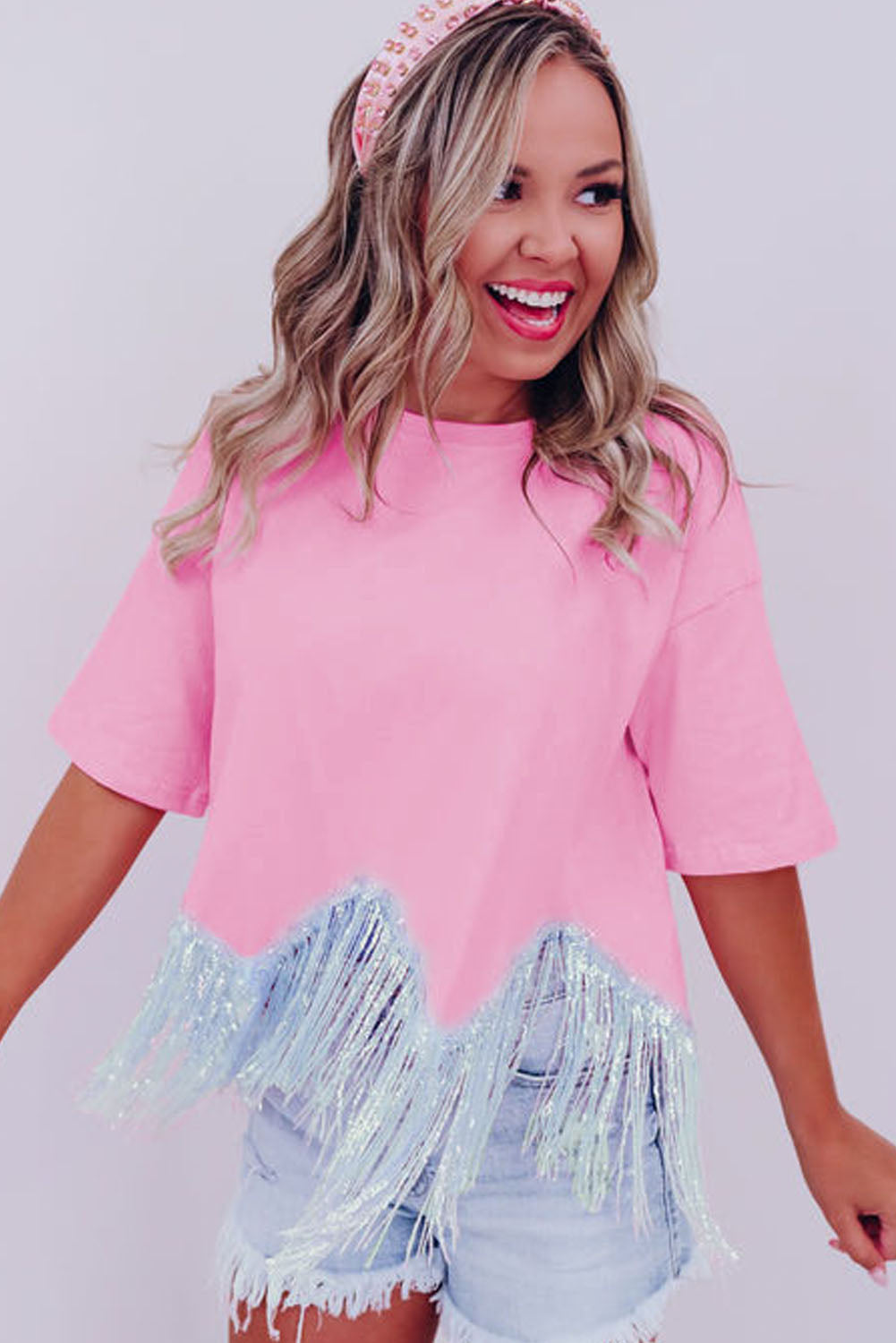 Pink Fringed Sequin Crop T-shirt   