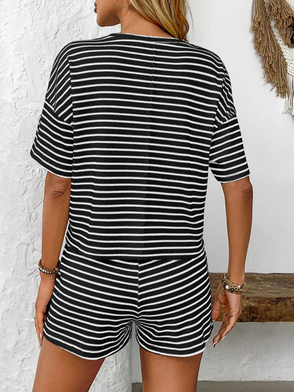 Striped Round Neck Short Sleeve Top and Shorts Set