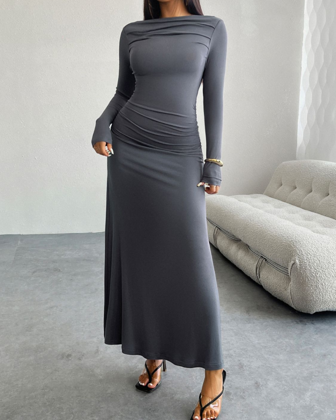 Ruched Long Sleeve Maxi Dress   