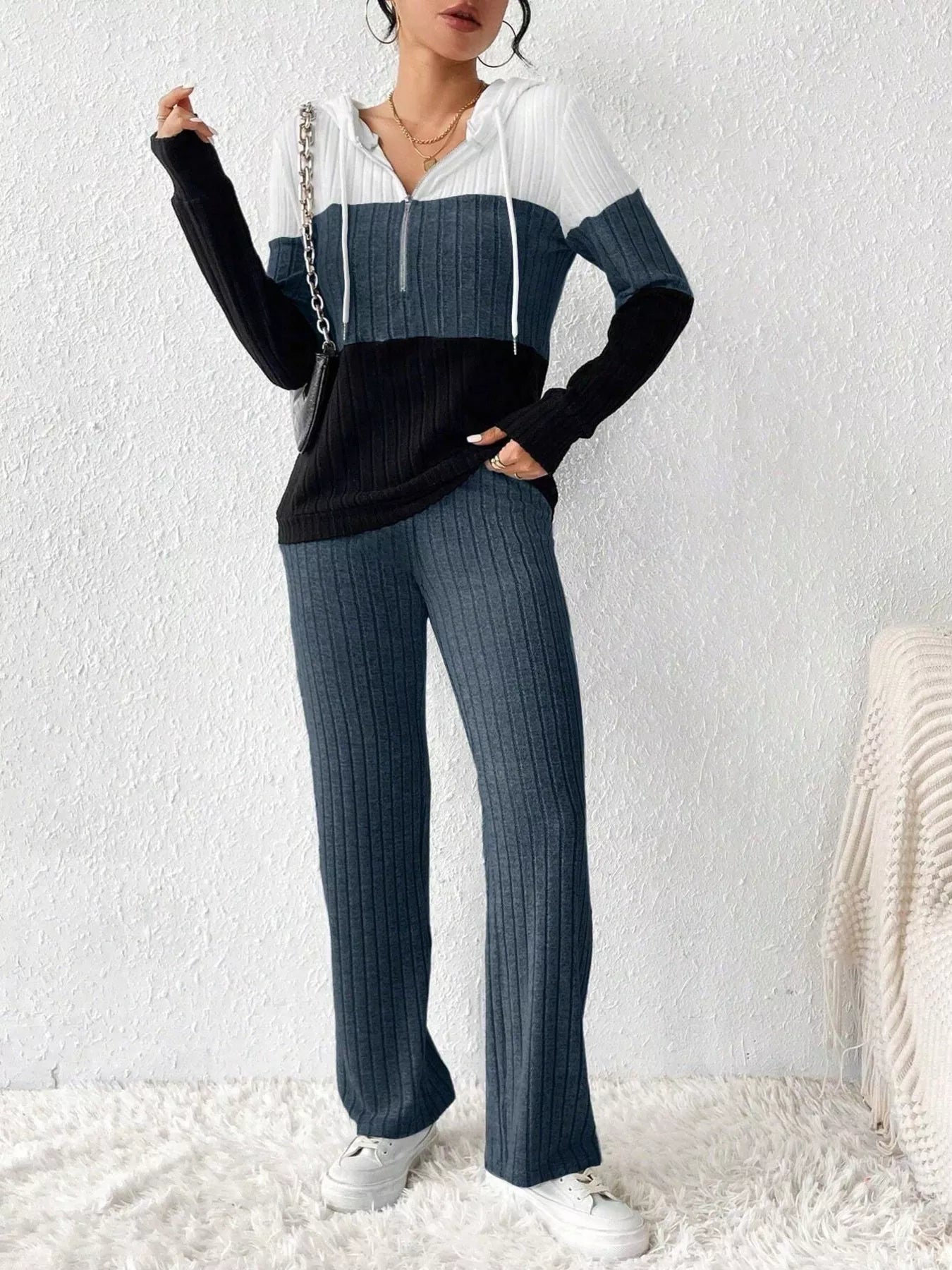 Color Block Half Zip Hooded Top and Pants Set