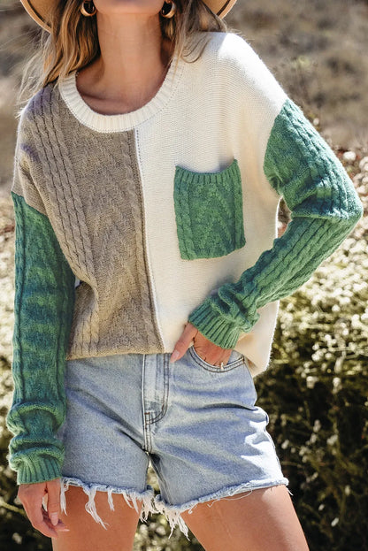 Color Block Round Neck Long Sleeve Sweater Matcha Green S