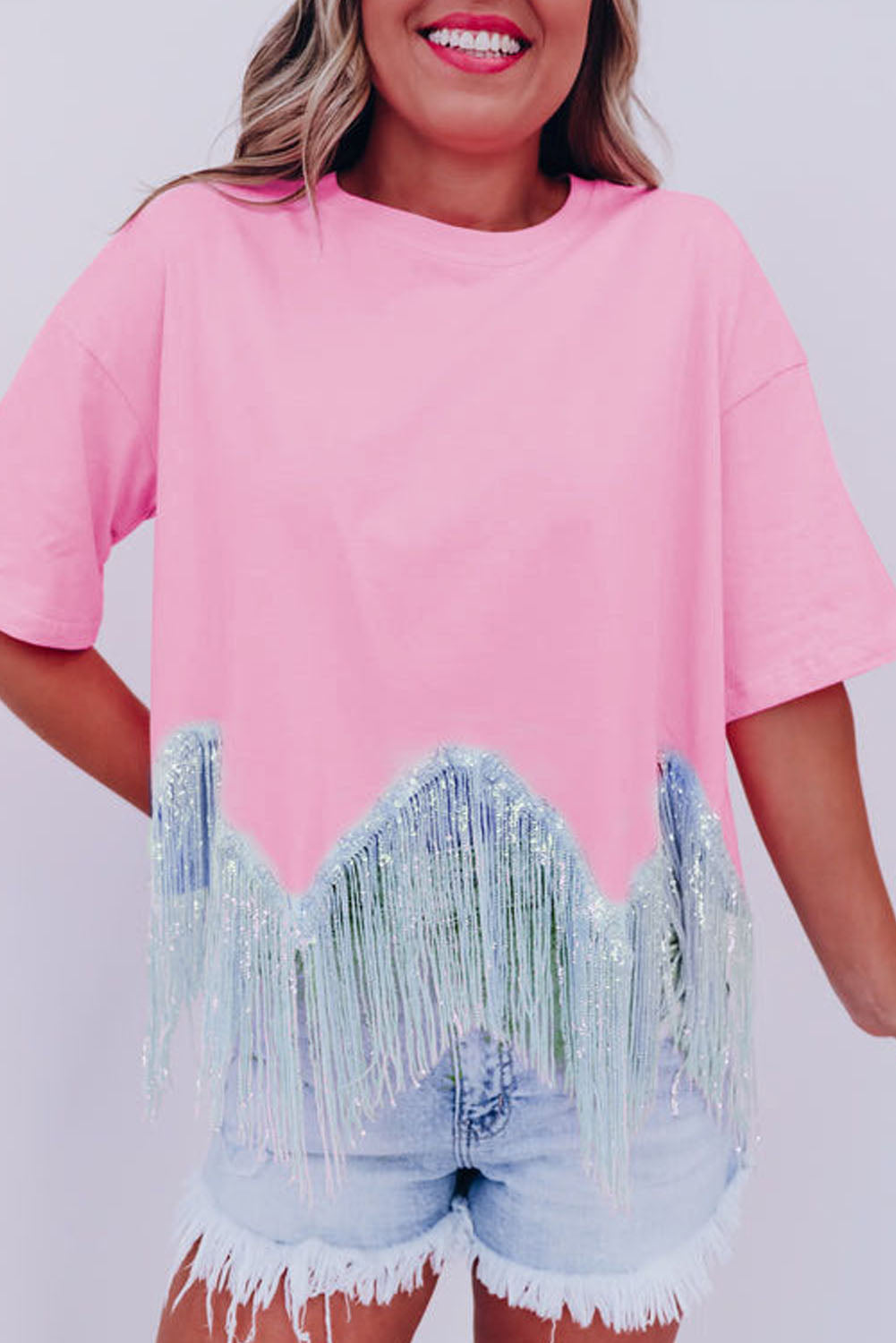 Pink Fringed Sequin Crop T-shirt   