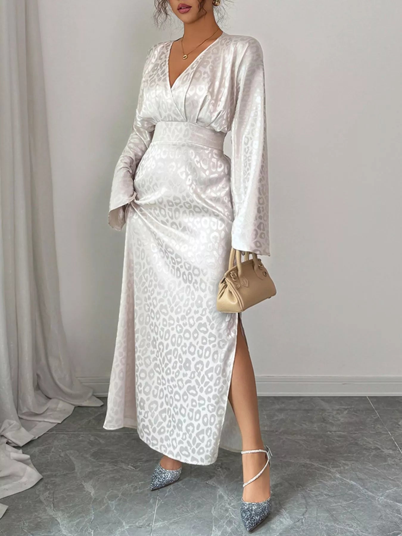 Leopard Surplice Long Sleeve Maxi Dress Apricot S