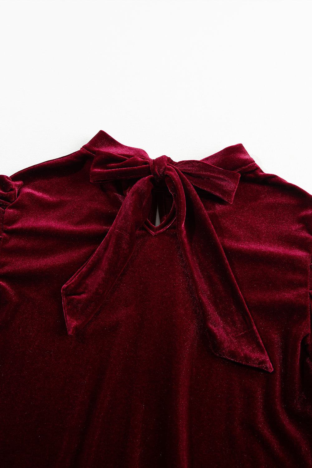 Fiery Red Mock Neck Puff Sleeve Velvet Blouse   