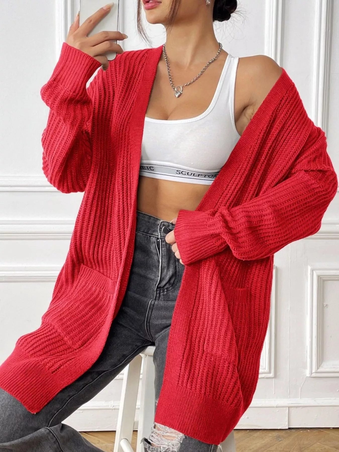 Open Front Drop Shoulder Cardigan Red One Size
