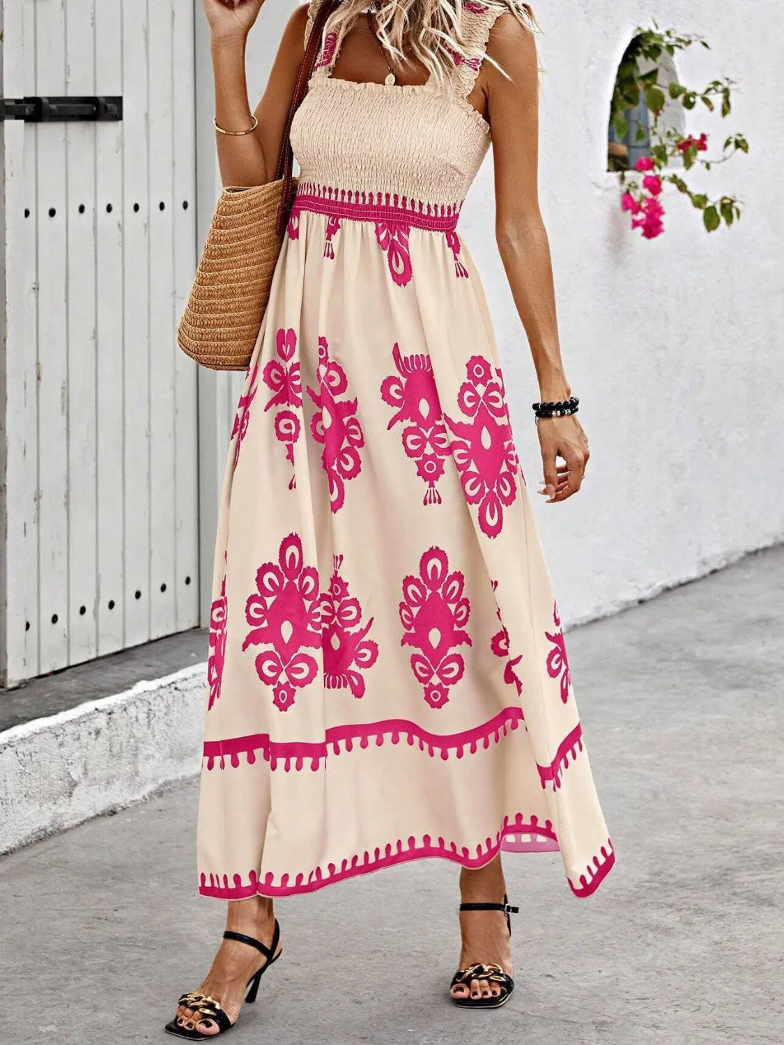 Smocked Printed Wide Strap Maxi Dress Pink S