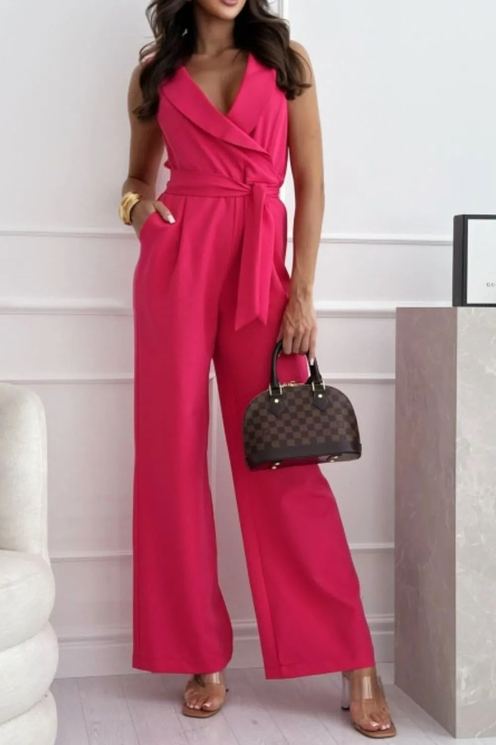 Surplice Sleeveless Wide Leg Jumpsuit Hot Pink S