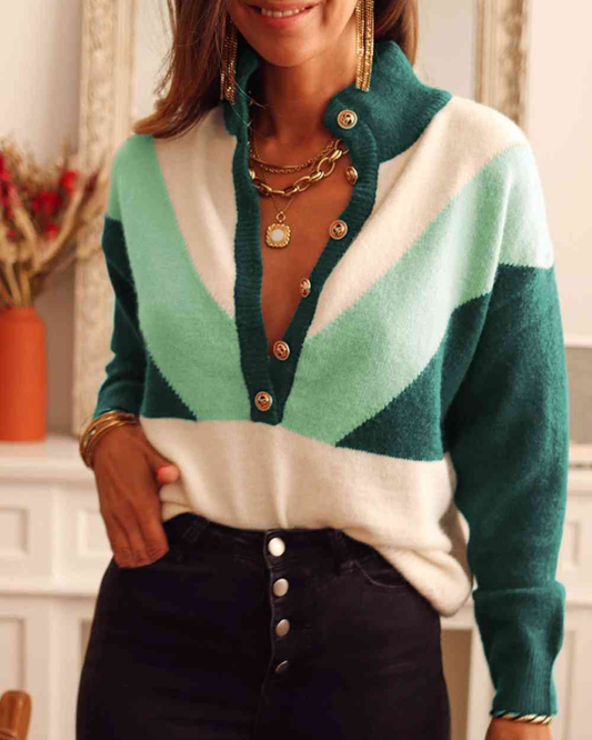 Color Block Buttoned Sweater Green M 