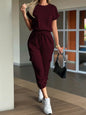 Round Neck Short Sleeve Top and Pants Set Burgundy S