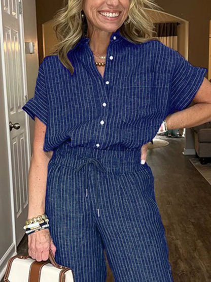 Striped Button-Up Shirt With Wide Leg Pants