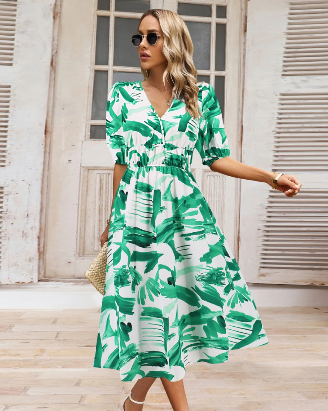 Ruched Printed Surplice Dress   