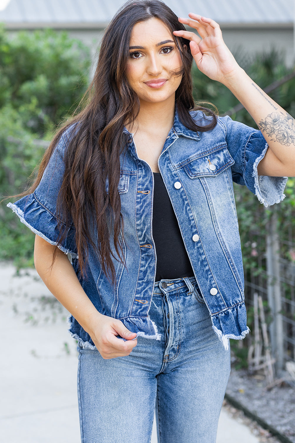 Raw Edge Ruffled Denim Jacket   